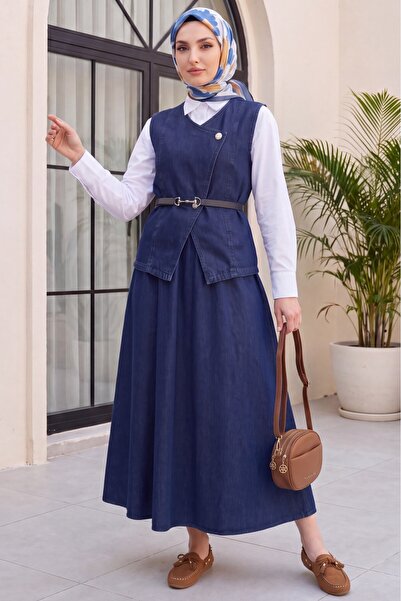 Modamorfo Buttoned Vest and Belted Skirt Denim Suit - Dark Blue