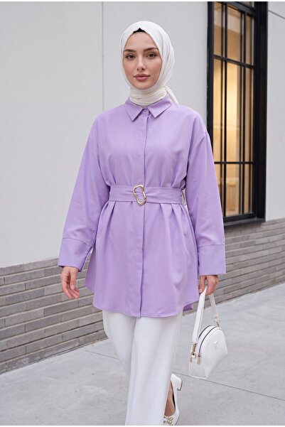 Modamorfo Poplin Tunic with Buckle Belt, Double Cuff Sleeves and Hidden Butto...