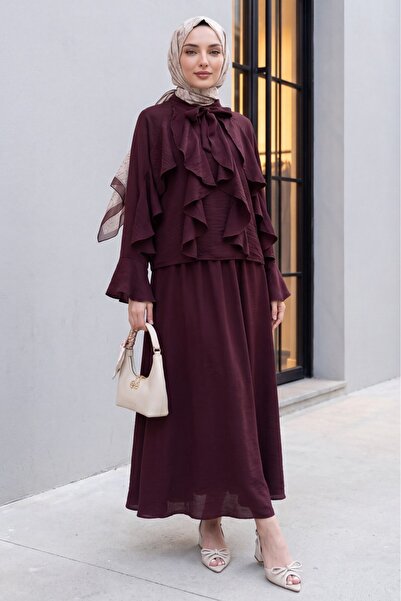 Modamorfo Lined Tulle Modal Set with Tie Collar and Ruffle Detail - Plum