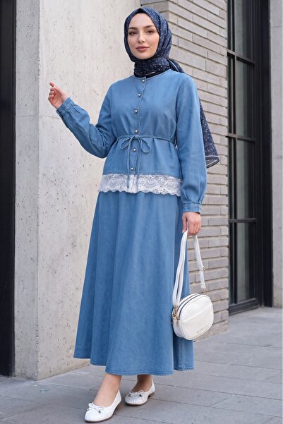 Modamorfo Round Neck Lace Detailed Belted Buttoned Skirted Denim Suit - Ice Blue