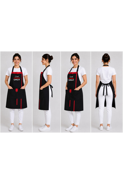 EURO DAY Mutfak Önlüğü Masterchef Baskılı Çift Cepli Siyah Kırmızı Detaylı
