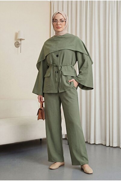 Modamorfo Pocket Detailed V-Neck Lace-Up Scarf Parachute Suit -Khaki