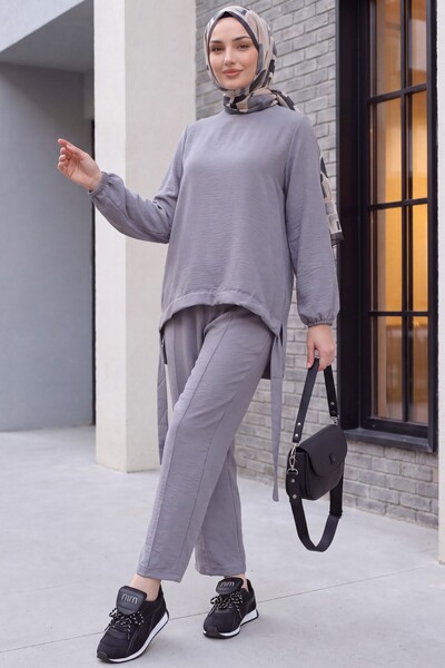 Modamorfo Drawstring Front Trousers Ayrobin Loose Fit Set -Grey