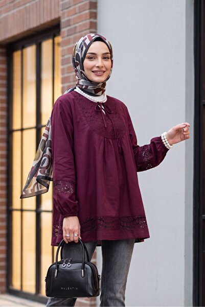 Modamorfo Lace Detailed Shirt with Tie Collar and Elastic Sleeves - Burgundy