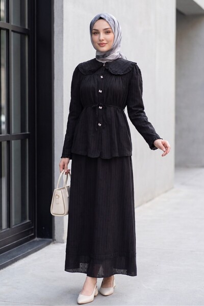 Modamorfo Baby Collar, Lace-Up, Buttoned Skirt, Lined Linen Look Suit - Black