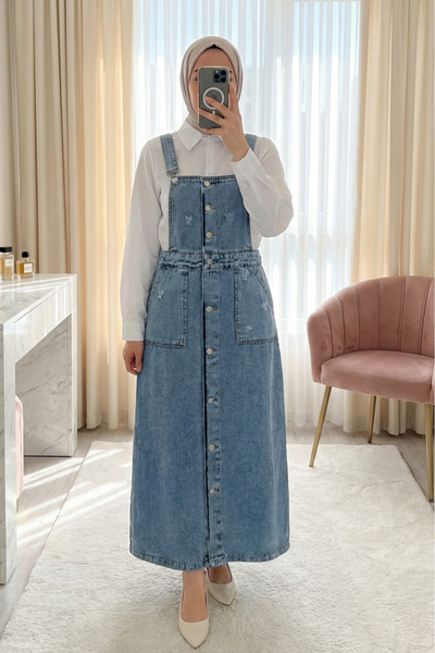 Modamorfo Worn-Out Detailed Buttoned Double Pocket Denim Salopet - Ice Blue