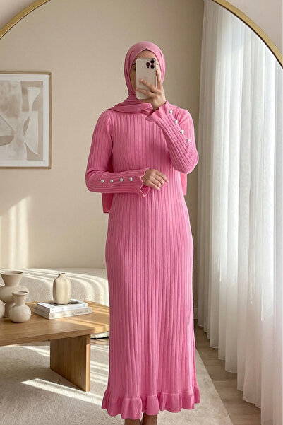 Modamorfo Kolları Düğmeli Eteği Fırfırlı Triko Elbise -Pembe