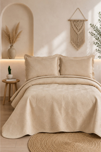 Bikaya Home Nakışlı Çift Kişilik Kadife Yatak Örtüsü Seti | 250x260 cm | Soft...