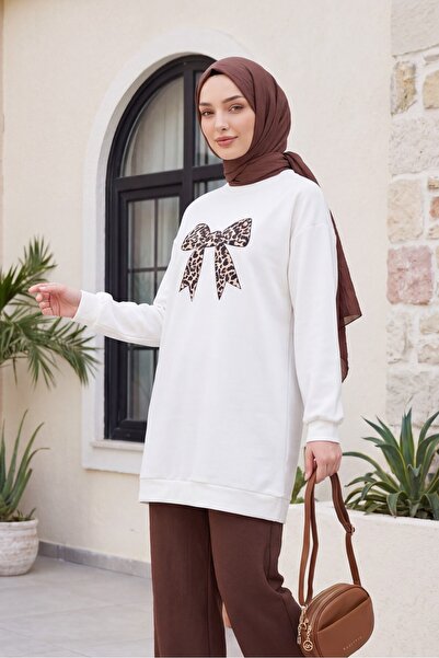 Modamorfo Round Neck Bowknot Printed Loose Tunic -Ecru