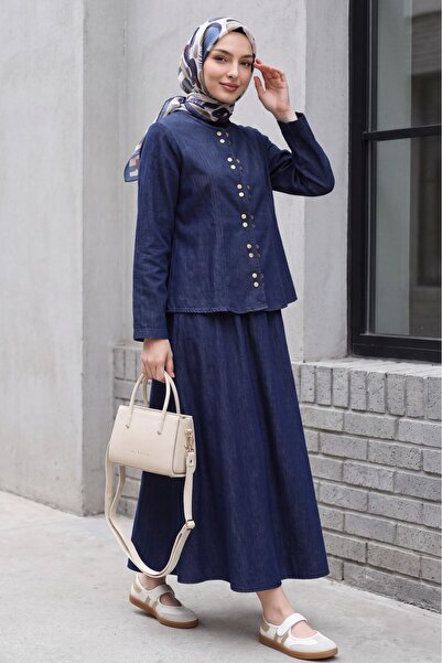 Modamorfo Denim Suit with Snap Fasteners on the Front and Lace Detail on the ...