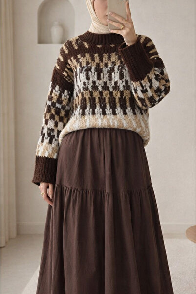 Modamorfo Three-color patterned thick knit sweater - coffee