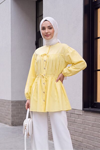 Modamorfo Stone Buttoned Shirt with Elasticized Sleeves and Tie Detail - Yellow