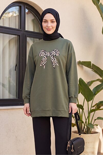 Modamorfo Round Neck Bowknot Printed Loose Tunic -Khaki