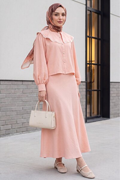 Modamorfo Lace Collar Pure Linen Look Skirt Suit -Yavruağzı