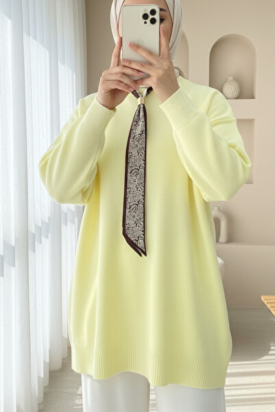 Modamorfo Round Neck Scarf Loose Knitwear Tunic - Light Yellow