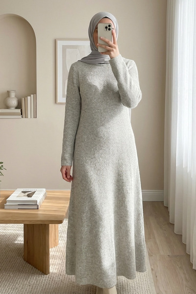 Modamorfo Crew Neck Soft Knit Dress with Waistband - Beige