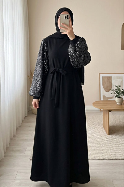 Modamorfo Imported Lycra Crepe Dress with Sequined Sleeves and Belt - Black