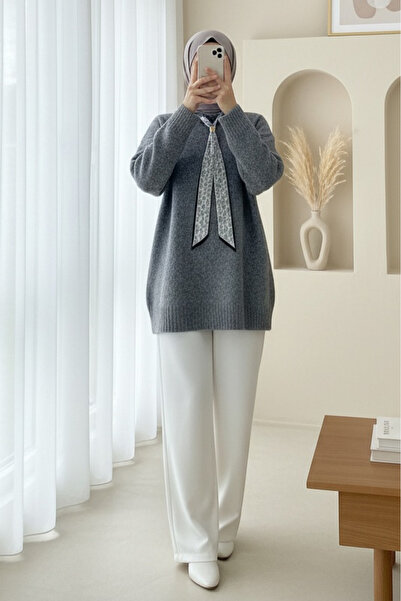 Modamorfo Soft Knit Sweater with Scarf - Gray