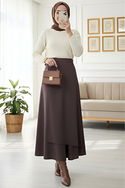 Modamorfo Cross-Front Double Layer Scuba Skirt - Dark Brown
