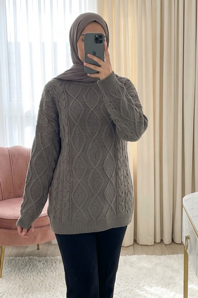 Modamorfo Petek Desen Kışlık Salaş Triko Kazak -Toprak