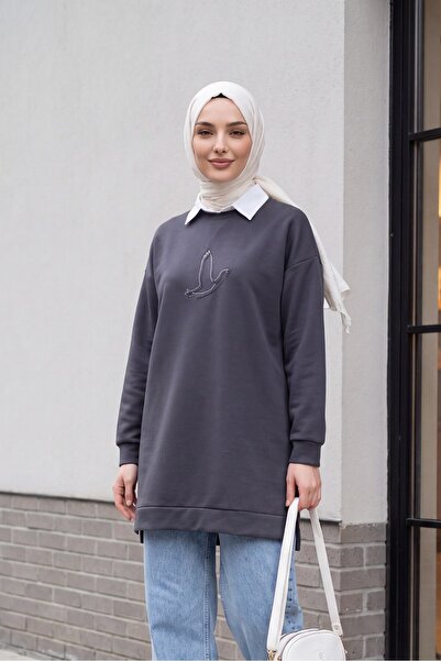 Modamorfo Kuş Desenli Taşlı Tunik -füme