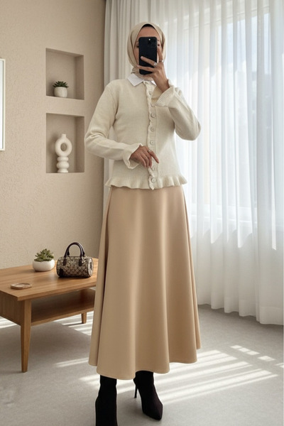 Modamorfo Buttoned Cardigan with Ruffles on the Front and Skirt - Stone