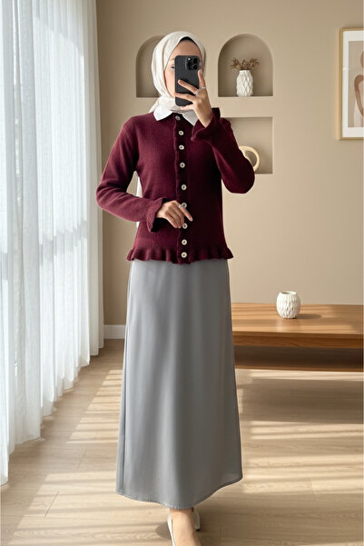 Modamorfo Buttoned Front and Ruffled Skirt Cardigan - Burgundy