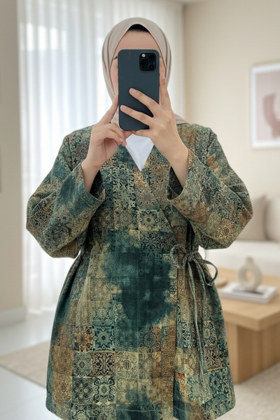Modamorfo Beli Bağlamalı Cepli Desenli Astarlı Kapitone Kimono -Haki