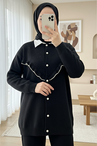 Modamorfo Front Ruffled Pearl Buttoned Knitwear Cardigan - Black