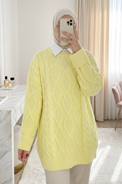 Modamorfo Honeycomb Pattern Winter Casual Knit Sweater - Light Yellow