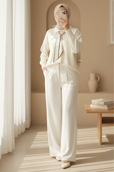 Modamorfo Polo Collar Scarf and Slit Casual Knitwear Tunic - Cream