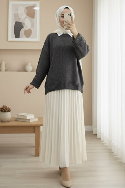 Modamorfo Crew Neck Ribbed Loose Knit Sweater - Smoked