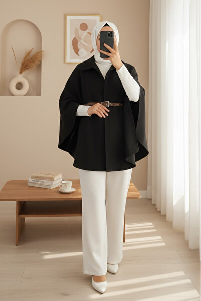 Modamorfo Stamped Poncho with Buttons on the Shoulder and Waist Belt -Black