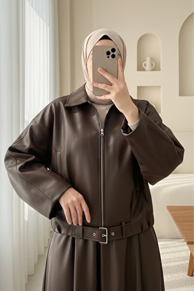Modamorfo Lined Leather Jacket with Folded Waist Detail and Belt - Brown