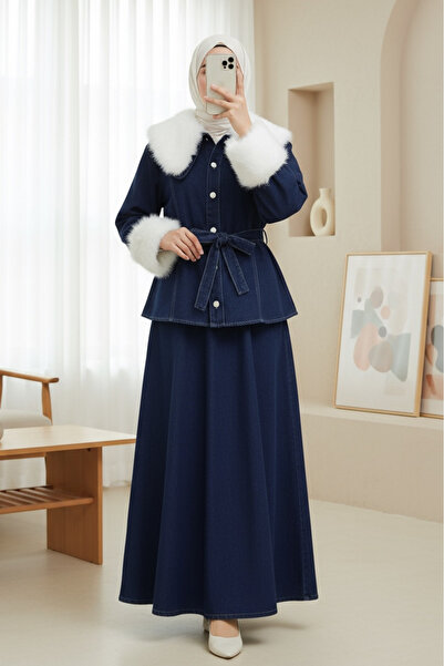 Modamorfo Peter Pan collar Denim Suit with Fur Collar and Sleeves and Belted ...