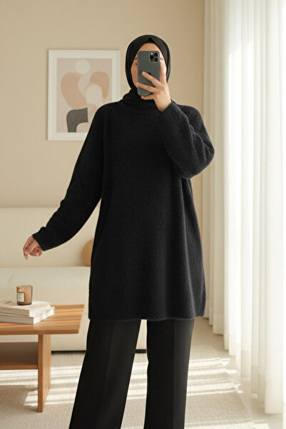 Modamorfo Bearded Long Loose Knitwear Tunic -Black