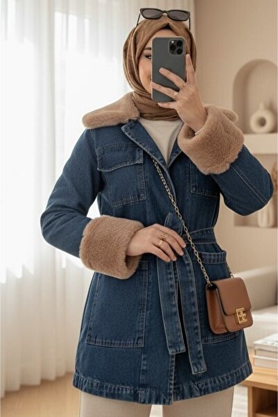 Modamorfo Denim Jacket with Fur Collar and Sleeves, Tie-Up Front with Pockets...