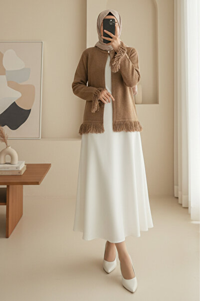 Modamorfo Single Button Fringed Soft Knitwear Cardigan - Mink