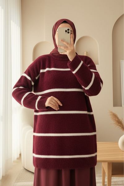 Modamorfo Striped Casual Bearded Knitwear Tunic - Burgundy