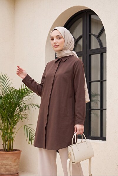 Modamorfo Oval Cut Long Shirt with Hidden Buttons -Brown