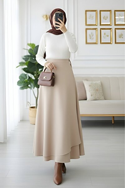 Modamorfo Cross-Front Double Layer Scuba Skirt - Beige