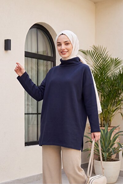 Modamorfo Turtleneck Slit Ribbed Knit Tunic - Navy