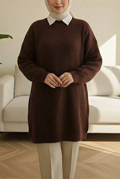 Modamorfo Brown Diamond Patterned Running Knitwear Tunic