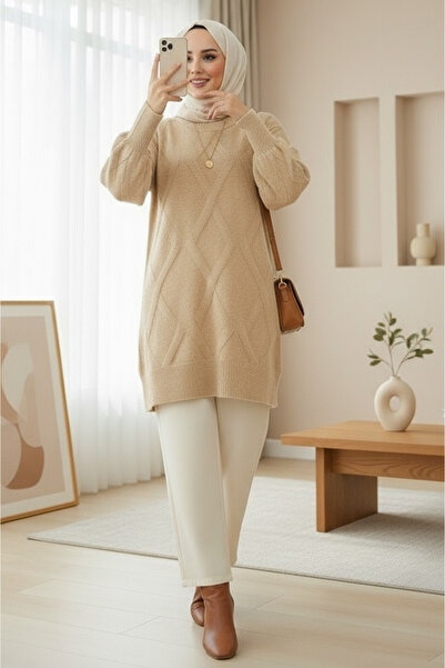 Modamorfo Baklava Patterned Soft Knit Tunic - Light Mink
