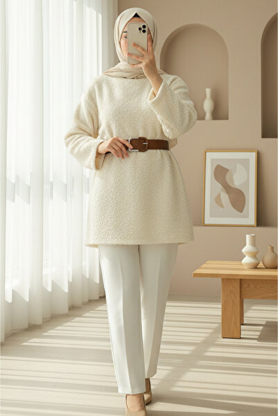 Modamorfo Thick Belted Boucle Sweater -Ecru