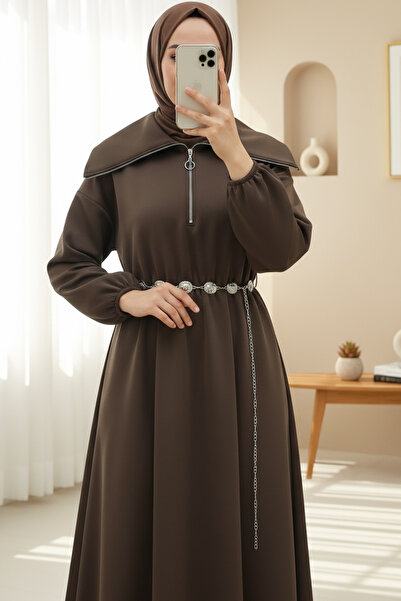 Modamorfo High-Necked Half-Zippered Gathered Waist Belted Scuba Dress - Brown