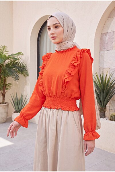 Modamorfo Robadan Bluse mit Rüschen und geraffter Taille – Granatapfelblüte