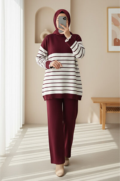 Modamorfo Half-Thigh Striped Knitwear Set - Burgundy