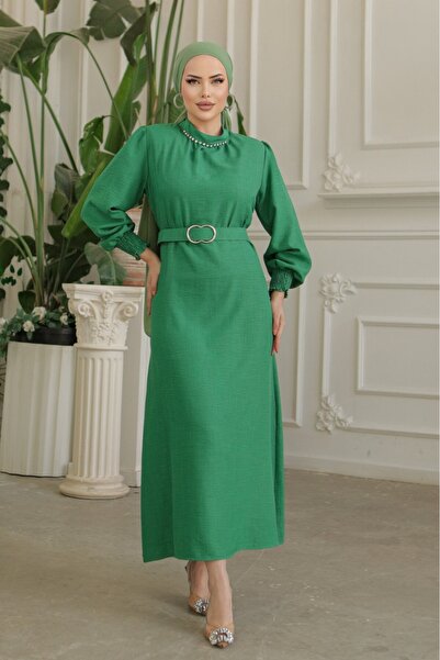 Modamorfo Rochie de in cu guler cu piatra, maneci cu snur si curea - verde in...