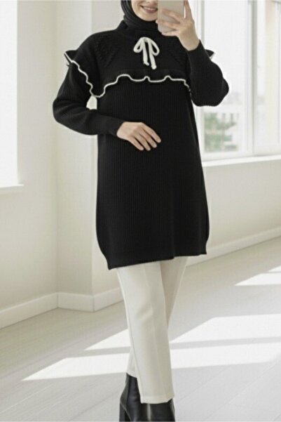Modamorfo Ruffled Lace-Up Knitwear Tunic -Black
